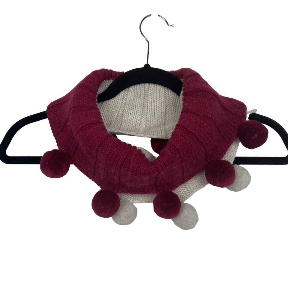Red Beige Pom Pom Infinity Knit Neck Scarf